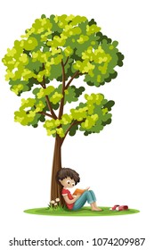 Boy is sitting unter a tree and reading a book. Isolated on white background.