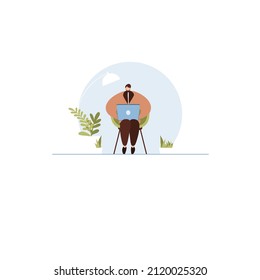 Boy sitting vector illustration. Smart young man working in personal cabinet flat style. Business and successful career concept. Vector illustration.