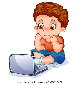 boy sitting and watching cartoons on the laptop.  Cartoon characters. Vector illustration.