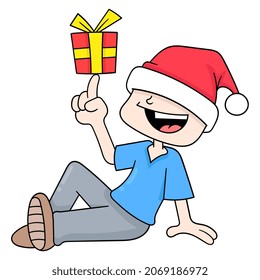 boy is sitting wearing a christmas hat bringing a surprise gift, vector illustration art. doodle icon image kawaii.