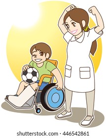 Boy sitting in wheelchair with a nurse. Add background.