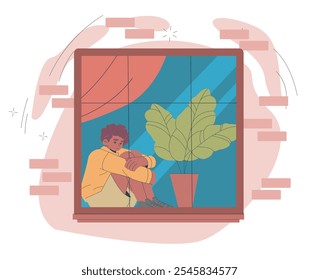 Garoto sentado à janela. Adolescente muito triste sentado à janela com ursinho de pelúcia. Criança com solidão, frustração e depressão. Ilustração de vetor plano isolada no plano de fundo branco