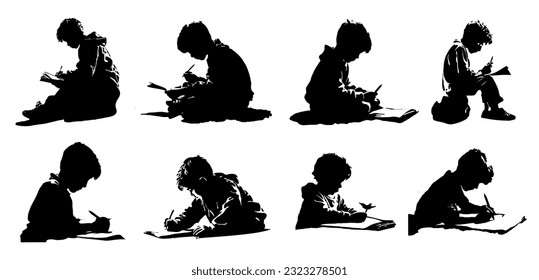 boy sitting writing or drawing silhouette set