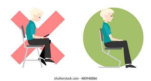 Boy Sitting In The Wrong Position And Boy Sitting In The Right Position. Illustration Shows Good And Bad Posture Affecting The Child Spine.