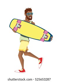 Boy with skate board. Summer sport time. Skate board time. Long board and man.