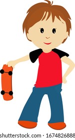 Boy with skateboard, illustration, vector on white background.