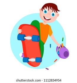 A boy with a skateboard in a jump. The boy hurries to school and holds a knapsack with books.