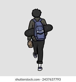 boy with skateboard on bag facing back while take his lunch school isolated on grey background vector modern illustrations