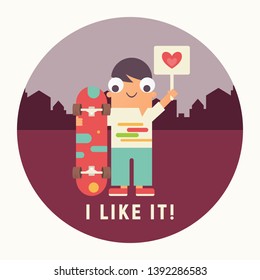Boy with Skateboard on Town Background. Young Cartoon Skater. Poster Template. I Love Skateboarding Concept. Vector Illustration.