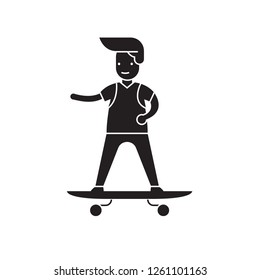 Boy skateboarding black vector concept icon. Boy skateboarding flat illustration, sign