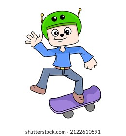 boy is skateboarding happily, vector illustration art. doodle icon image kawaii.