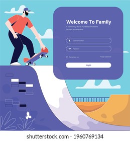Boy skateboarding illustration, Login page design concept