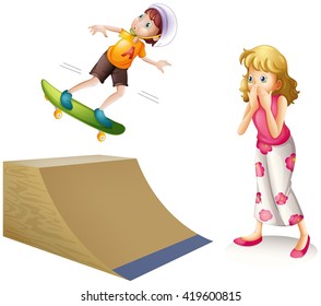 Boy Skateboarding On Wooden Ramp Illustration