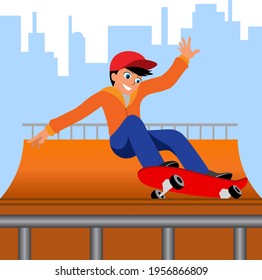 a boy skateboarding in an orange jacket and a red hat. suitable for children and sports illustrations