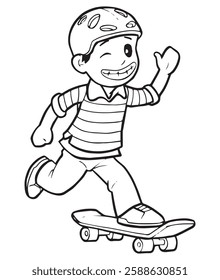 A boy skateboarding while waving his hand. Cartoon Illustration in black and white and vector format. 