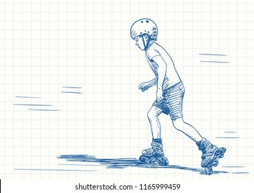 Boy is skateing on rollers, Blue pen sketch on square grid notebook page, Hand drawn vector illustration