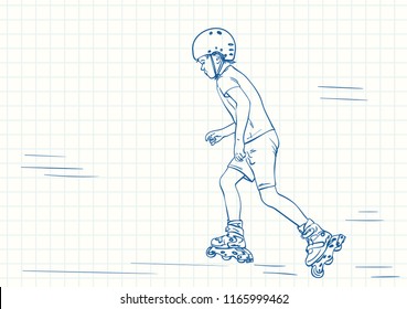 Boy is skateing on rollers, Blue pen sketch on square grid notebook page, Hand drawn vector linear illustration