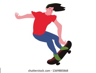 The boy skater. Flat with gradient. Guy with red t shirt surf on skateboard.  Used for flyer, banner sporting events, packing sports goods. Vector illustration isolated object.