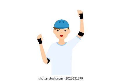 A boy skater smiling and making a big gut pose