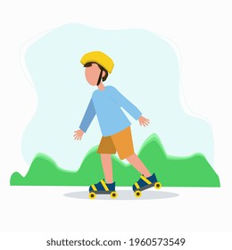 The boy skates on roller skates. Entertainment in her free time, respecting the distance. Vector image in flat style.
