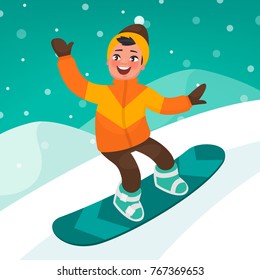 Niño patina en una pista de snowboard. Deporte extremo invernal. Ilustración vectorial en estilo caricatura