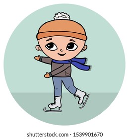 The boy skates. Round icon. Delicate colors. Isolated on white background.