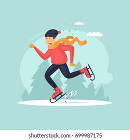 Boy skates, winter, sports. Flat design vector illustration.