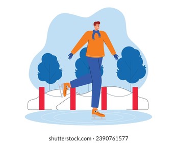 Boy skating alone, visiting special place for winter sports, vector illustration.