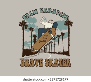 boy skating in california palm street  vector illustration, skateboard board jumping vector, skating guy action, california palm street view drawing, summer sports print