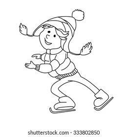 Boy skating on ice. Outline cartoon character for coloring book,Â greeting card and winter design