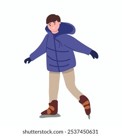 A boy skating on ice rink outdoors in winter. In cold weather with snow. Active kid in snowy park on wintertime holidays. Flat vector illustration isolated on white background

