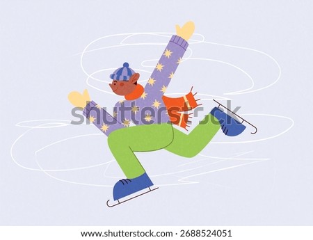 Boy skating on ice in winter wearing purple sweater with stars, green pants, blue skates, striped hat and orange scarf. Joyful motion and leisure. Vector illustration for seasonal card, banner, poster