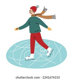 Boy skating on rink, winter sports and activities icon, vector doodle illustration of skates and ice rink, christmas and new year holidays, isolated colored clipart on white background