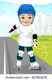 boy skating on rollerblades along the road