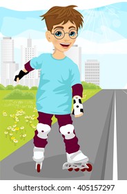 boy skating on rollers along the road