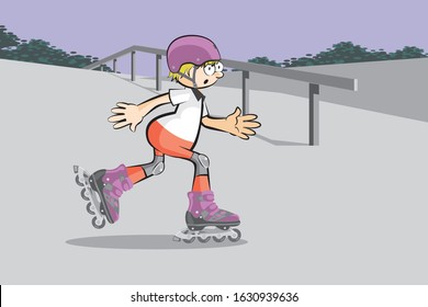 Boy skating in a public square with his roller blades, helmet, knee pads and protective clothing. Cartoon style vector illustration Available in EPS 10.