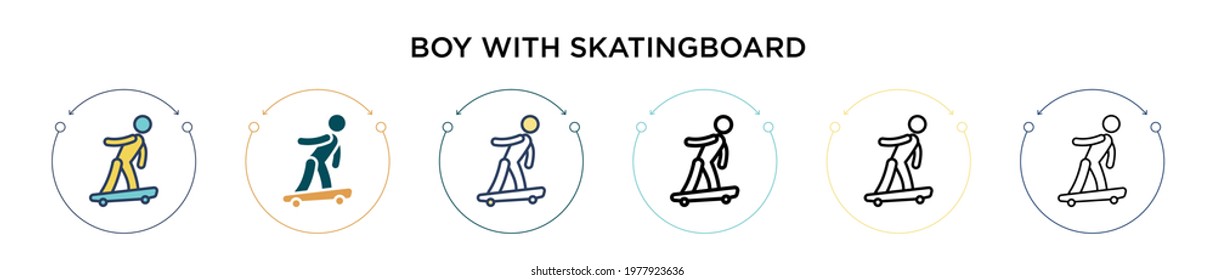 Boy with skatingboard icon in filled, thin line, outline and stroke style. Vector illustration of two colored and black boy with skatingboard vector icons designs can be used for mobile, ui, web