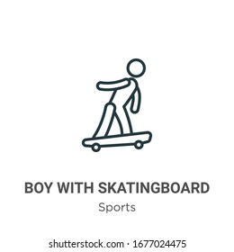 Junge mit Skatingboard Umriss Vektorillustration Symbol. dünner schwarzer Junge mit Skatingboard-Symbol, einfache flache Vektorillustration-Elementgrafik aus bearbeitbarem Sportkonzept einzeln auf weißem Hintergrund