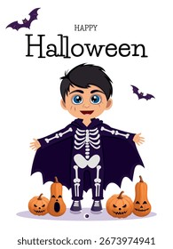 Boy in Skeleton Costume with Pumpkins Halloween Vector Card Concept of banner, greeting card, invitation, poster. Vector illustration.