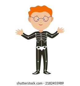 A boy in a skeleton costume somewhere on Halloween. A child in a carnival costume. Vector illustration in flat style.