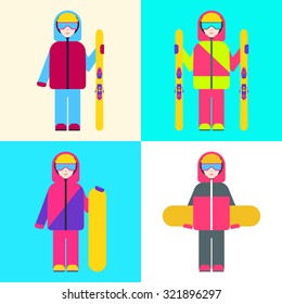 Boy in ski and snowboard suits with skis and snowboards. Set of vector illustrations.