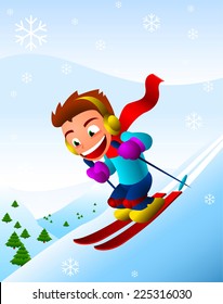 Boy skiing downhill winter snowflake snow holiday. Vector illustration cartoon.