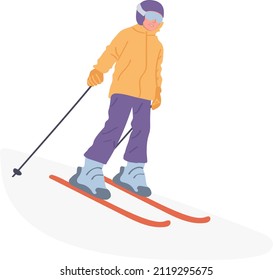 Boy Ski Ski flach Vektorgrafik, Charakter mit sportlichen Berg-Kleidung. Fröhliche Kindheit, Winterferien, Outdoor-Aktivitäten, Sporterlaubstage, saisonale Feiertage.