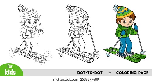 Boy skiing. Numbers dot to dot game and coloring page, education activity worksheet for children