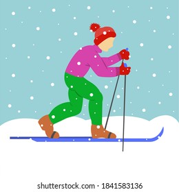 The boy is skiing. Snowing. Winter cold weather. Trendy flat design vector illustration