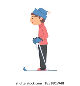 Boy Skiing Wearing Warm Clothes, Kid Doing Winter Sports, Healthy Lifestyle Concept Cartoon Style Vector Illustration