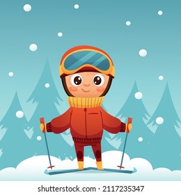 Boy skiing in the winter against the backdrop of snow and fir trees. Vector illustration for designs, prints and patterns. Vector illustration