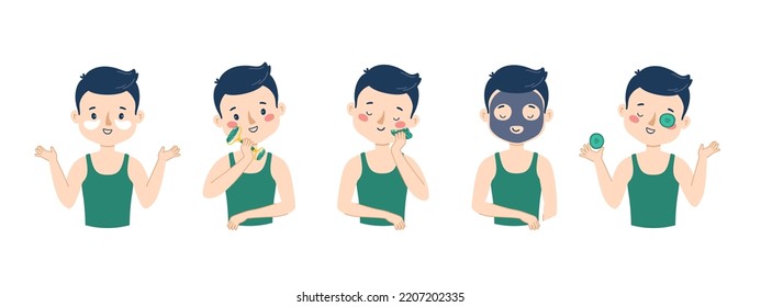 Boy skin care face. Gua sha massage. Using a sheet mask and a cucumber mask. Vector set. Cute man illustration isolated on white background