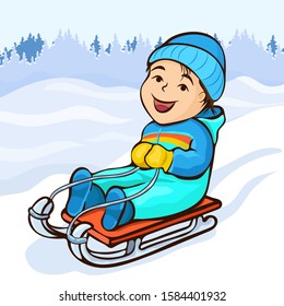 Boy sledding, cartoon character, hand drawing, winter kids fun. Cute child in blue jumpsuit rides in sled on snow hill on the background of spruce forest park. Vector illustration