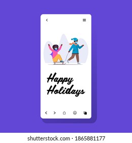boy sledding girl in mask african american children having winter fun outdoors activities coronavirus quarantine concept smartphone screen full length vector illustration